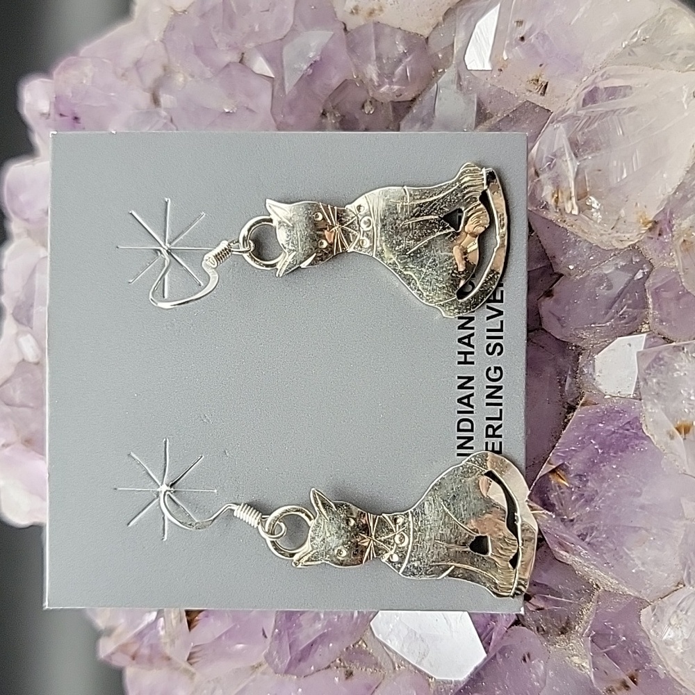 Sterling Silver Tribal Navajo Made “Cat” Hook Earrings by Louisse Yazzie 925